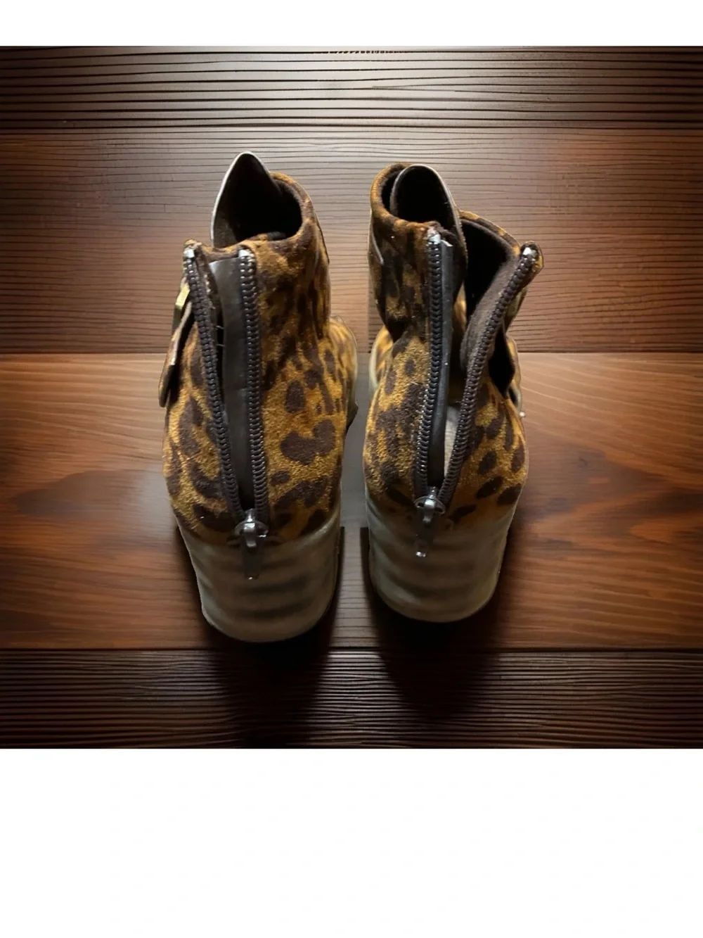 Pierre Dumas Leopard Print Wedge Sandals in Tan and Black